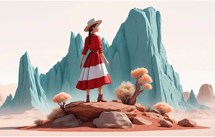 Woman Standing Tall on Mountain Peak 3D Art Illustration